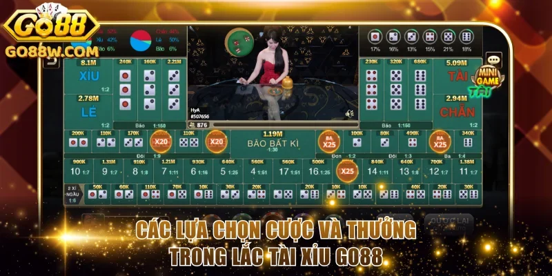 Các lựa chọn cược và thưởng trong lắc tài xỉu Go88